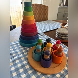 Grimm’s rainbow stacking toy and cups and friends in cups